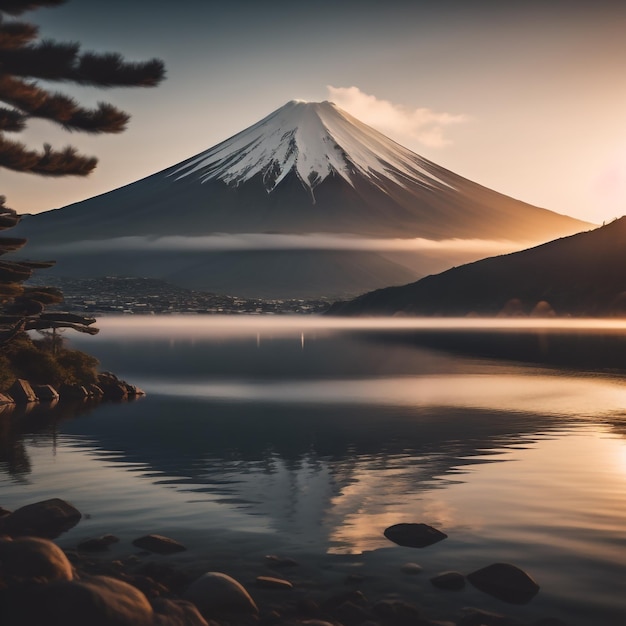 Mount Fuji am Kawaguchiko-See Sonnenaufgang Vintage