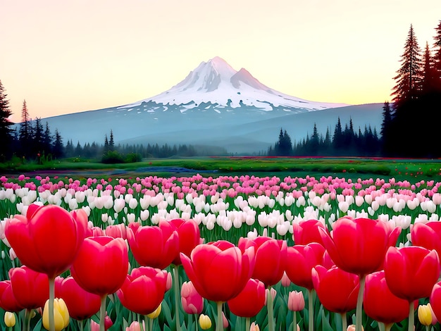 Mount Hood Sonnenaufgang mit Tulpenblüten