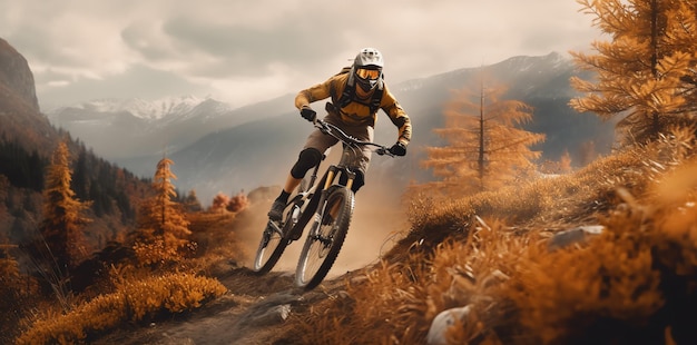 Mountain bike nas montanhas com um ciclista de montanha ao fundo