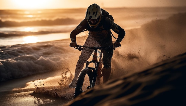 Mountain biker andando pelas montanhas iluminadas por do sol geradas por IA