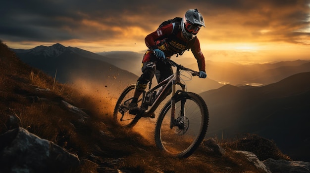 Mountain biker curtindo o passeio ao pôr do sol