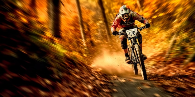 Mountain biker descendo uma colina íngreme em alta velocidade