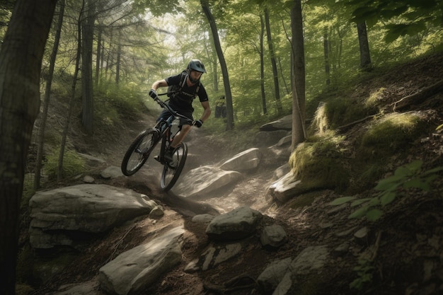 Mountain biker descendo uma trilha rochosa íngreme criada com IA generativa