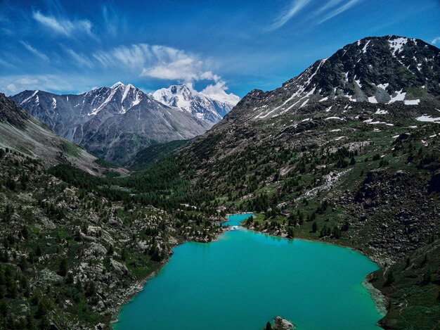 Mountain lake, russia, oeste, sibéria, montanhas, katun, cume