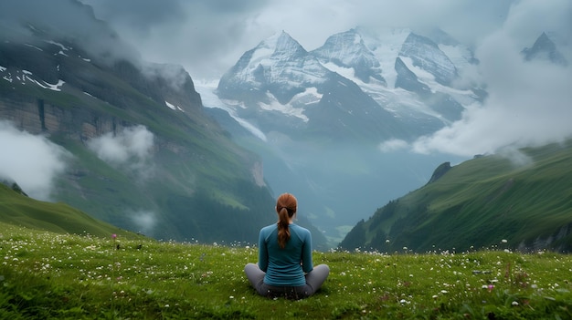 Mountain Serenity Mulher jovem meditando no pacífico verão Natureza IA generativa