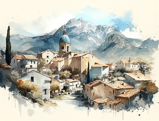 Mountain Village Aquarell Ein ruhiger Überblick