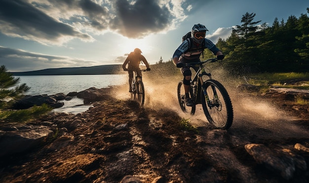 Mountainbike-Radfahrer fährt mit Freunden Mountainbike entlang eines Weges mit Kiefern- und Seehintergrund