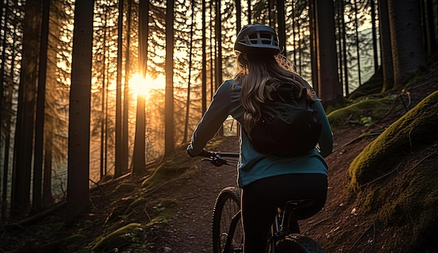 Mountainbiken im Waldsonnenaufgang