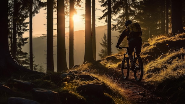 Foto mountainbiker auf waldweg im sonnenuntergang generative ki-illustration