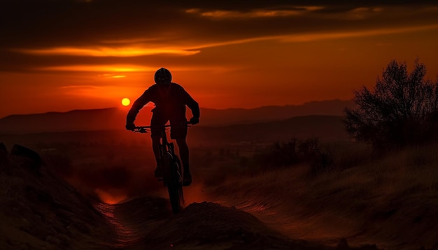 Mountainbiker, der in Richtung Sonnenuntergang rast, mit extremer Kraft, die von KI erzeugt wird