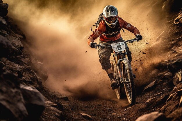 Foto mountainbiker em declive na paisagem montanhosa