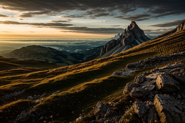 Foto mountainmeadow alpino em alta altitude ao pôr do sol