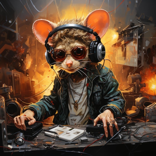 mouse DJ furioso louco retrato expressivo ilustração obra de arte esboço pintado a óleo tatuagem