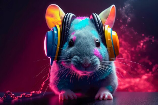 Mouse em fones de ouvido diminuindo a música Generative AI