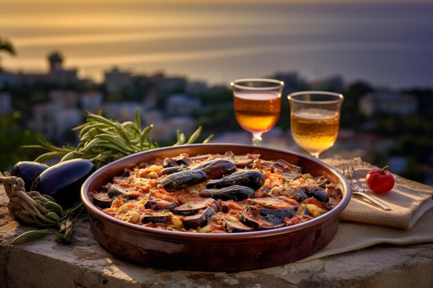 Moussaka en un plato de arcilla con olivos griegos y el resplandor del atardecer del Egeo