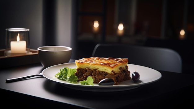 Moussaka en un plato blanco sobre una mesa en un restaurante