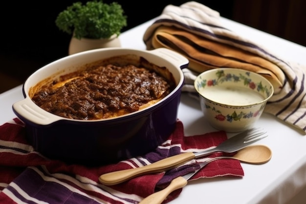 Moussaka en un plato de cerámica con guantes de horno y toalla de cocina