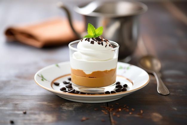 Mousse de café con remolino de crema batida y granos de café