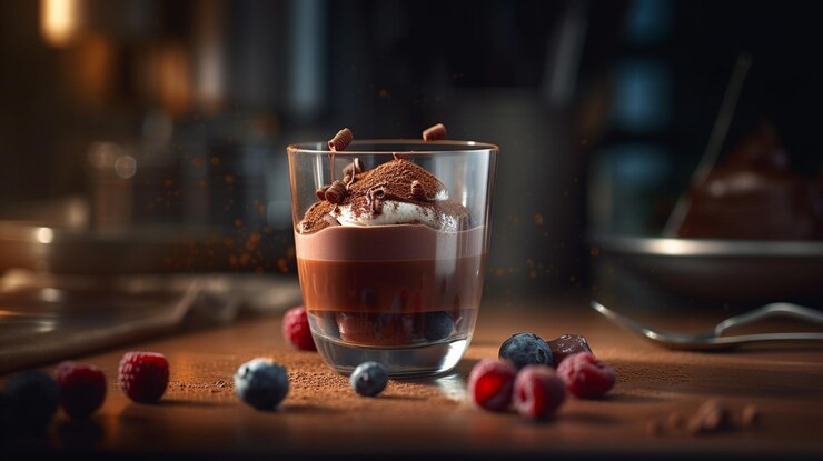Mousse de chocolate con frambuesas y arándanos sobre un fondo negro generativo ai