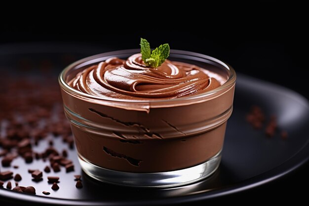 Foto mousse de chocolate suave cubierto con menta fresca de cerca