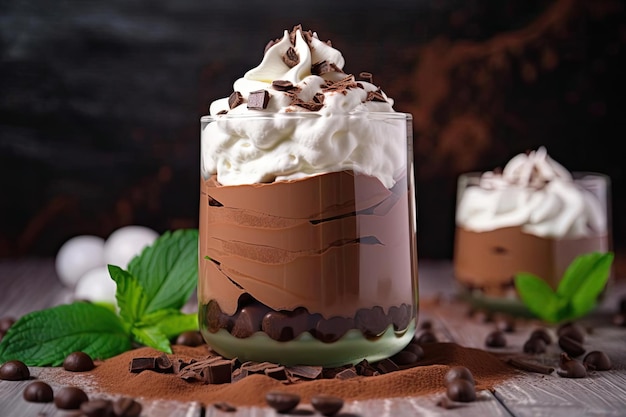 Mousse de chocolate en un vaso con pepitas de chocolate encima