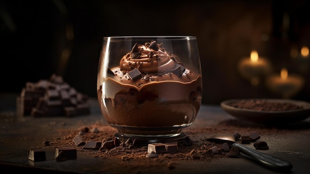 Mousse de chocolate com framboesas e mirtilos em um backgroundgenerative ai preto