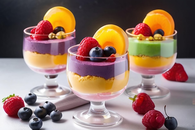 Mousse de frutas colorida em copo com fundo de espelho