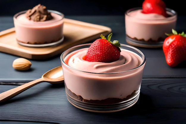 Una mousse de fresa en un recipiente de vidrio con una cuchara sobre una mesa.