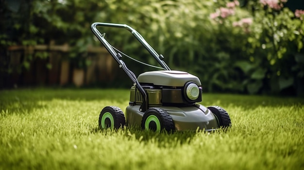 Movedor de césped en césped verde en un jardín moderno