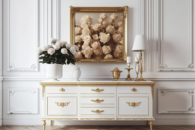 Móveis brancos com uma moldura horizontal dourada e um feixe de flores de rosa como inspiração de design de interiores de luxo para criações de maquetes
