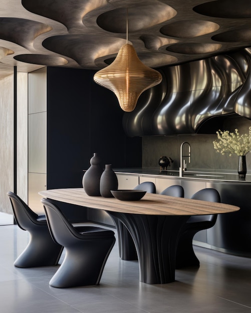 Móveis de cozinha de design de interiores modernos de cozinha escura com configuração de mesa de jantar
