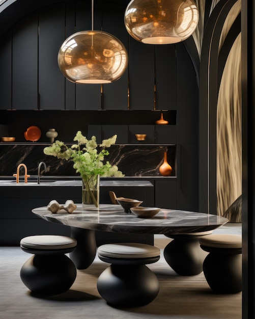 Móveis de cozinha de design de interiores modernos de cozinha escura com configuração de mesa de jantar