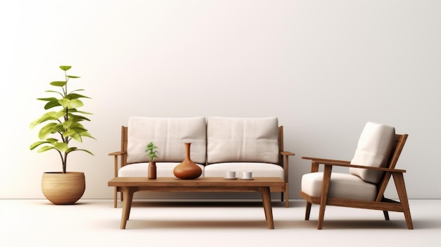 Móveis de madeira minimalistas na sala de estar com ambiente de inspiração asiática