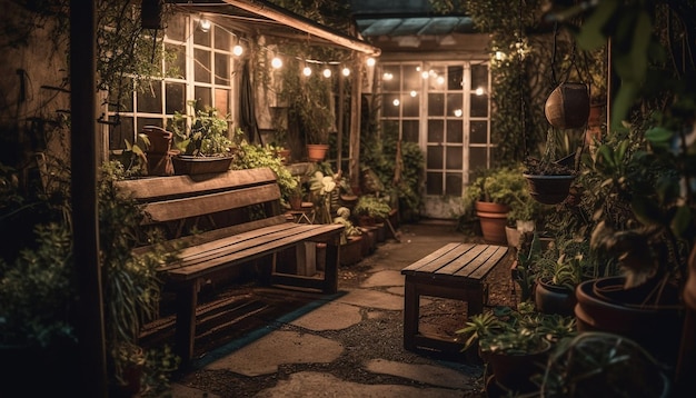 Móveis de madeira rústica iluminam a tranquila cena do jardim ao ar livre gerada por IA