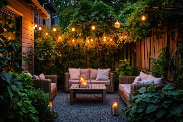 Móveis de pátio simples e luzes de corda cercados por vegetação à noite