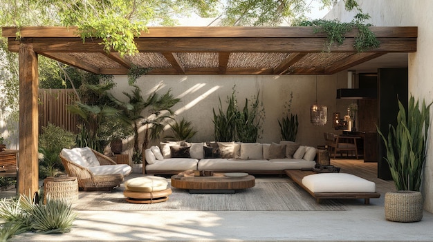 Móveis de pátio tropicais colocados sob um jardim iluminado pelo sol