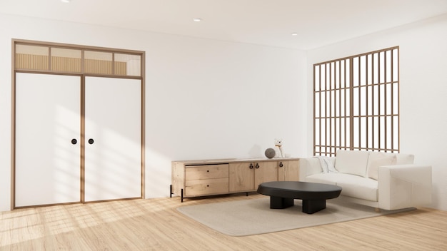 Móveis de sofá minimalista Muji e design de quarto moderno renderização em 3D mínima