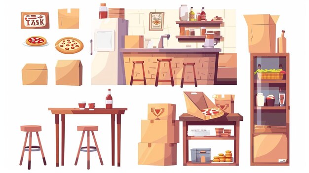 Móveis e equipamentos interiores de pizzeria Conjunto moderno de elementos de sala de restaurante de pizza Tábua e cadeiras Contador e banquinho Alimentos e molhos e pilha de caixas de papelão