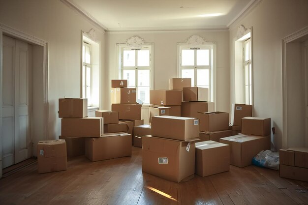 Mover caixas em um quarto vazio com luz solar