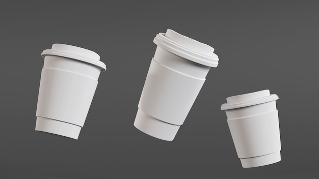Mover tazas de café pequeñas, medianas y grandes para llevar Mockup 3D render Fondo gris