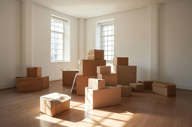 Moviendo cajas en una habitación vacía con luz solar