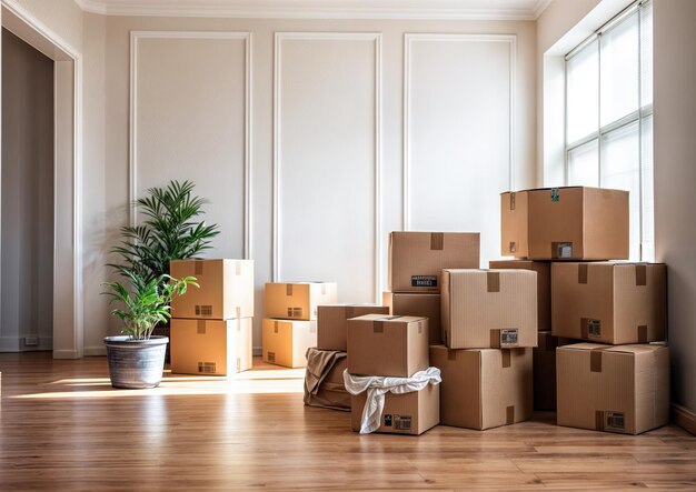 Moviendo cajas en una habitación vacía con plantas verdes y una gran ventana 3D