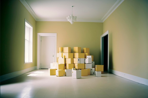 Moviéndose en Pila de cajas de cartón en la habitación vacía con espacio de copia Creado con tecnología de IA generativa