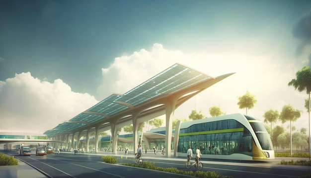Movimentado centro de transporte alimentado inteiramente por energia verde Carros elétricos Ônibus IA generativa