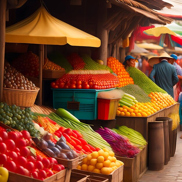 Movimentado mercado ao ar livre com frutas e vegetais coloridos Viaje pela Ásia e América do Sul