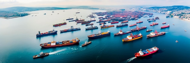 movimentado porto costeiro visto de cima com navios atracados de carga sendo carregados e as idas e vindas da atividade marítima