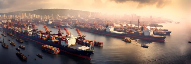 Foto movimentado porto costeiro visto de cima com navios atracados de carga sendo carregados e as idas e vindas da atividade marítima