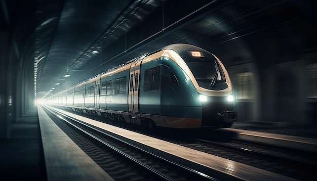 Movimento borrado na corrida da vida da cidade do trem do metrô gerada pela IA