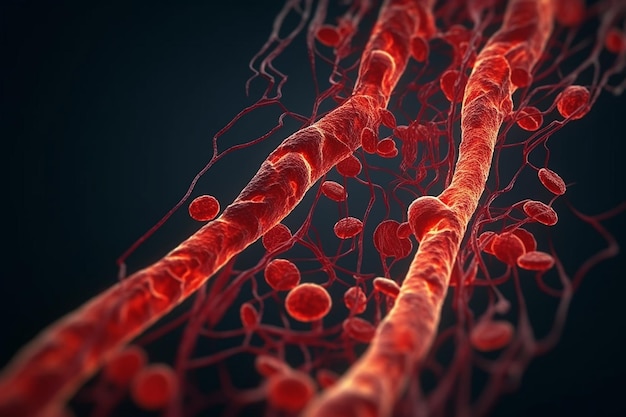 Movimento de leucócitos e vasos sanguíneos através de veias e ilustração 3d do corpo humano