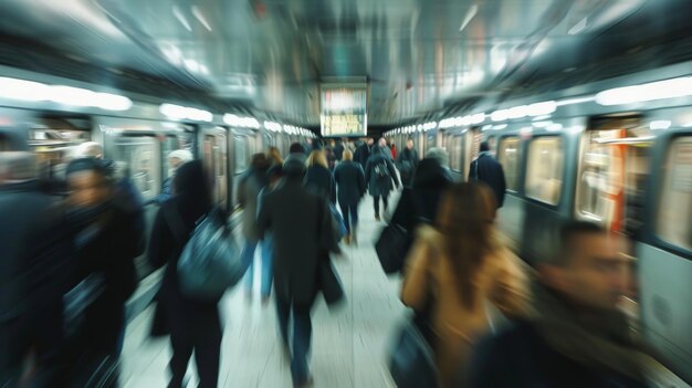 Movimento desfocado de passageiros em uma estação de metrô durante a hora de ponta